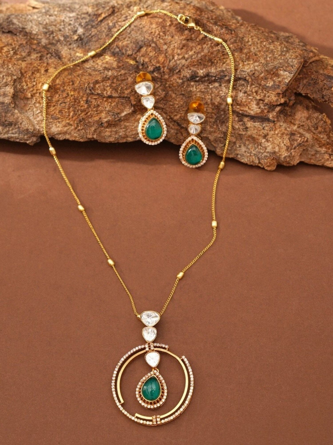 Celebrity Style Gold Plated Polki Pendant Chain worn by woman with elegant hairstyle and earrings