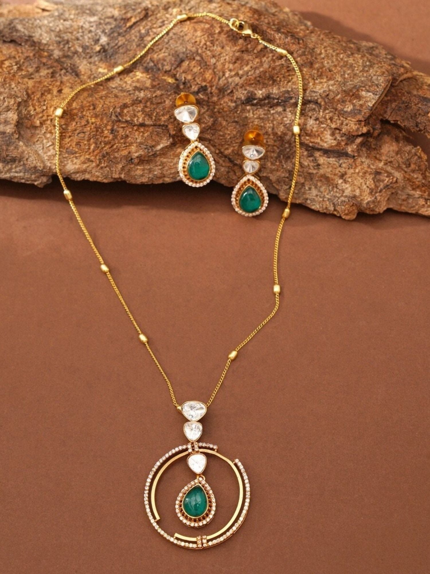 Celebrity Style Gold Plated Polki Pendant Chain with matching earrings by Abdesignsjewellery