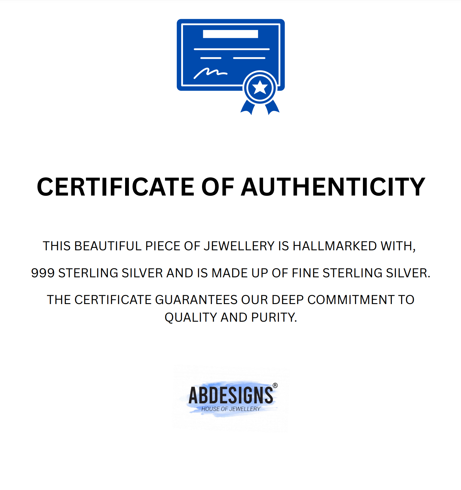 999 STERLING SILVER CERTIFICATE OF AUTHENTICITY