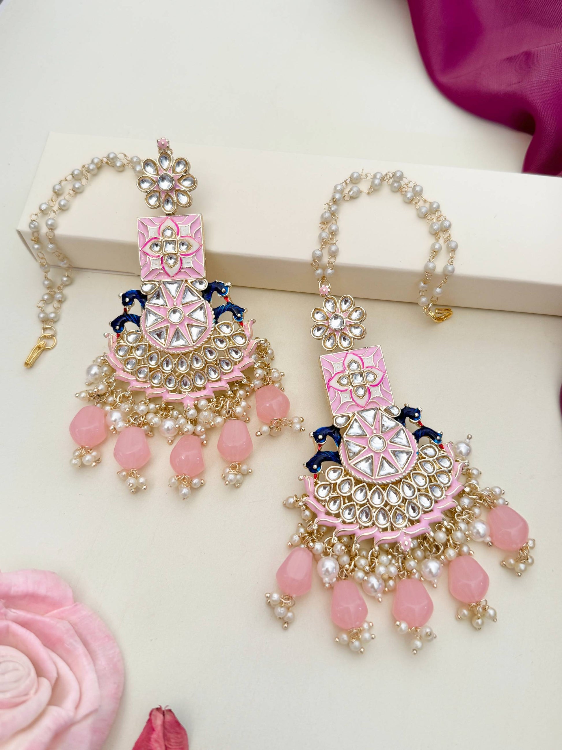 Abdesignsjewellery Chandbali Style Kundan Earring with pink beads and pearl detailing
