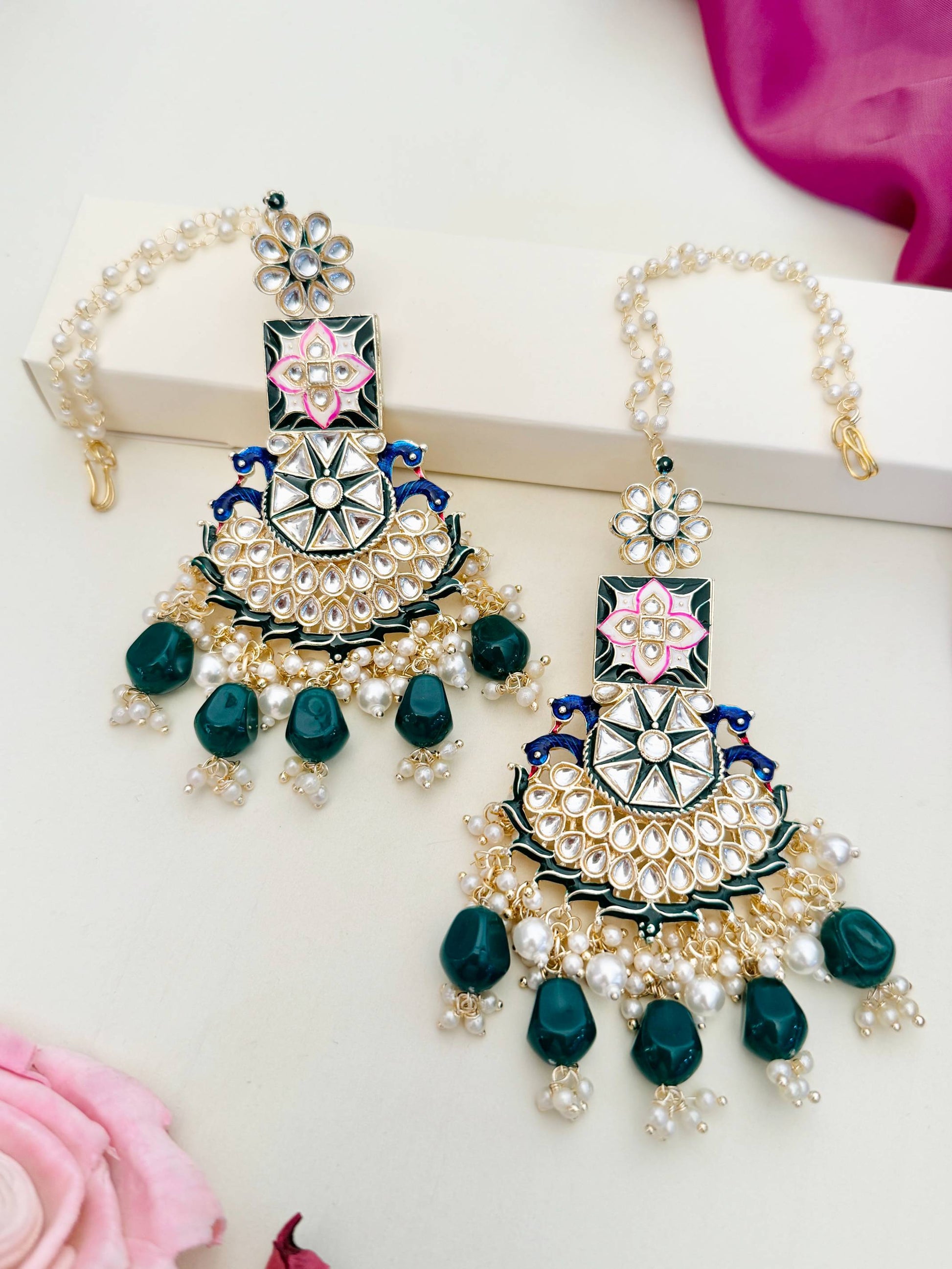 Abdesignsjewellery Chandbali Style Kundan Earring with green beads and pearl details