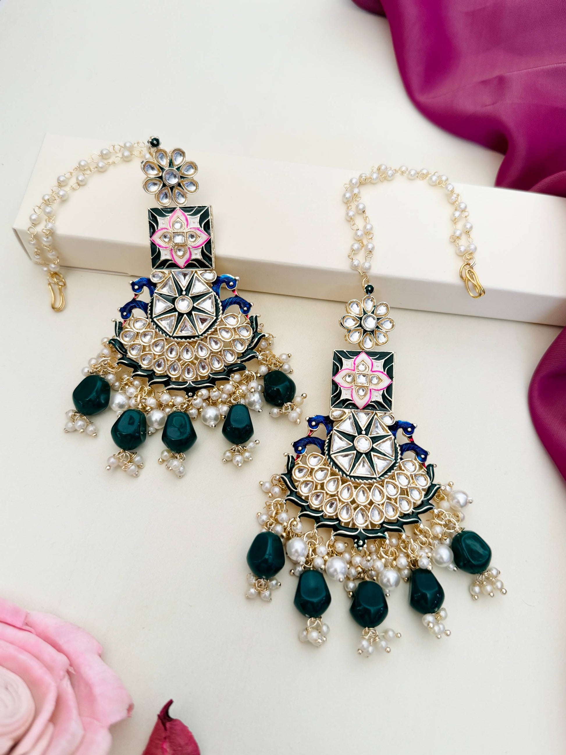 Abdesignsjewellery Chandbali Style Kundan Earring with pearl and green bead detailing