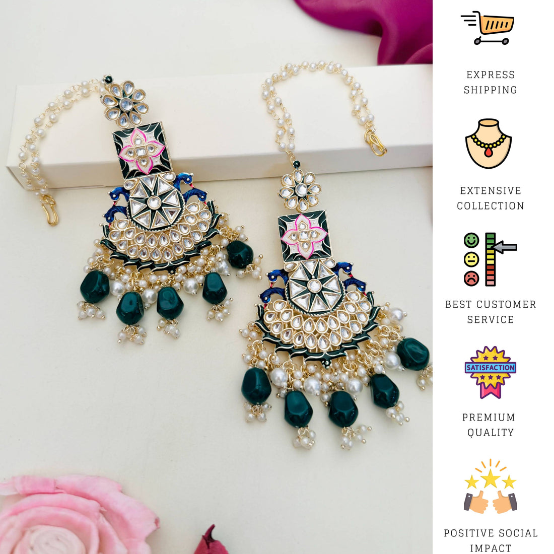 Abdesignsjewellery Chandbali Style Kundan Earring with intricate white pearls and blue enamel detailing