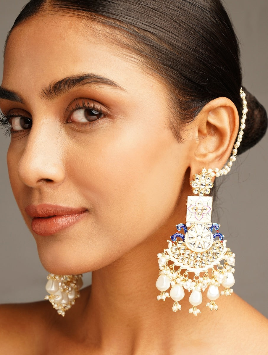 Abdesignsjewellery Chandbali Style Kundan Earring with intricate white pearls and blue enamel detailing