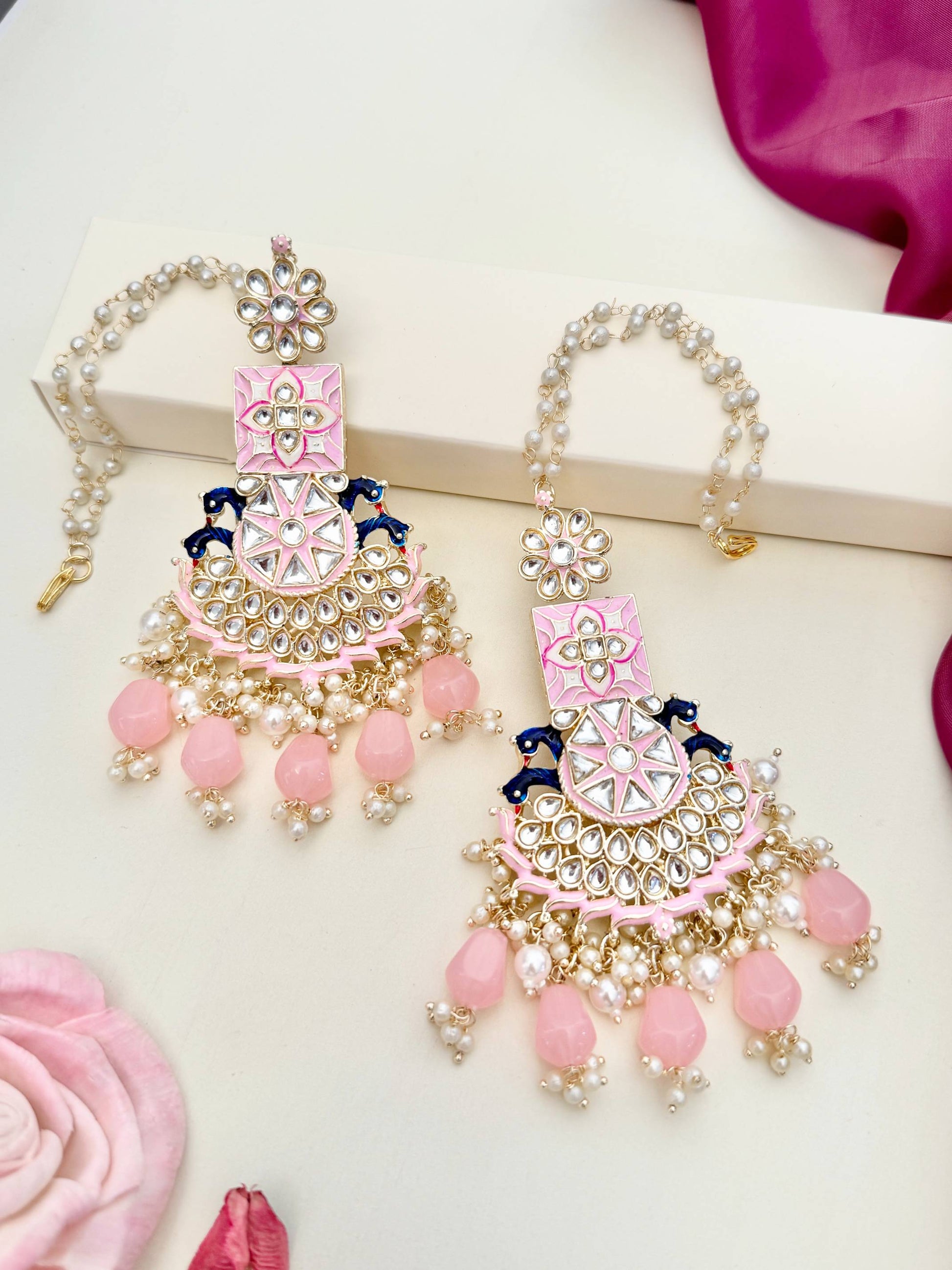 Abdesignsjewellery Chandbali Style Kundan Earring with pink stones and pearl detailing