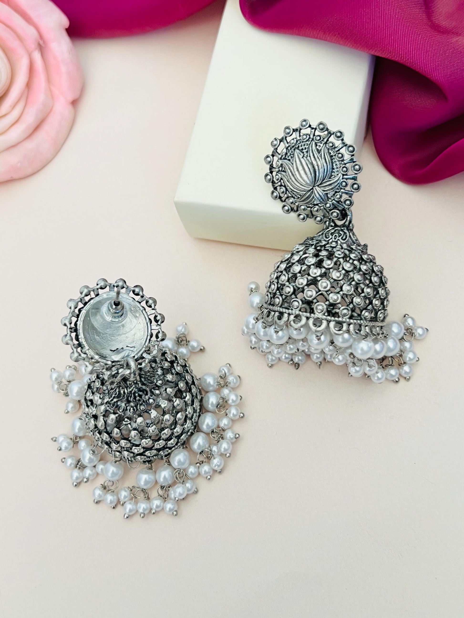 Classic German Silver Pearls Jhumka Earring by Abdesignsjewellery with intricate silver detailing and pearl fringe