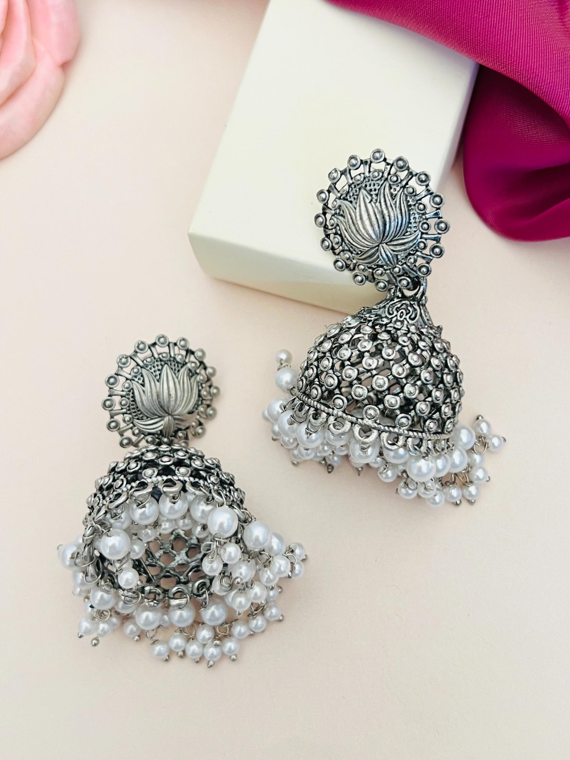 Classic German Silver Pearls Jhumka Earring by Abdesignsjewellery featuring intricate silver design with pearl accents