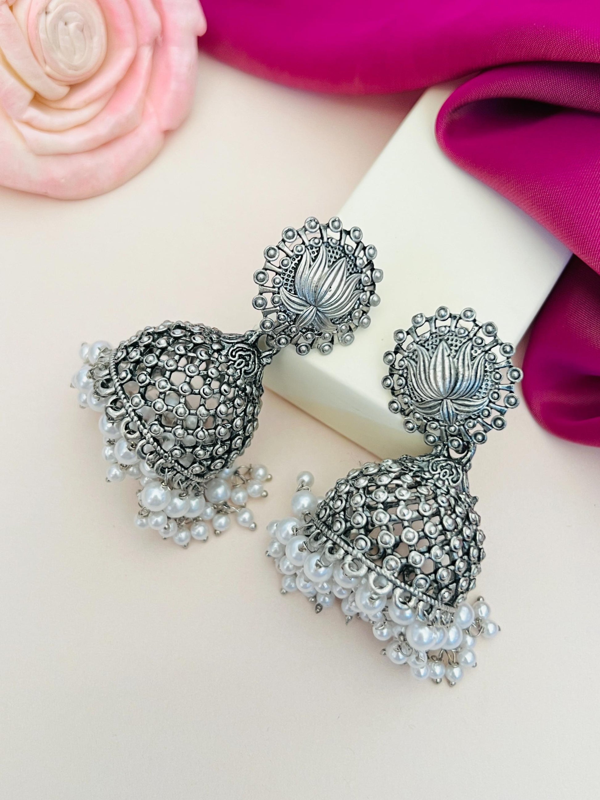Classic German Silver Pearls Jhumka Earring by Abdesignsjewellery with intricate lotus design and pearl accents