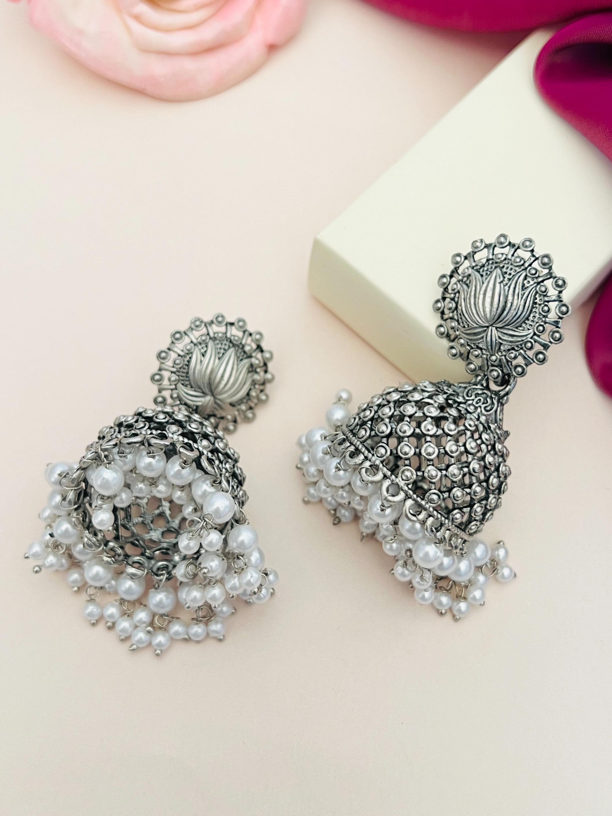 Classic German Silver Pearls Jhumka Earring by Abdesignsjewellery with intricate floral design and pearl drops