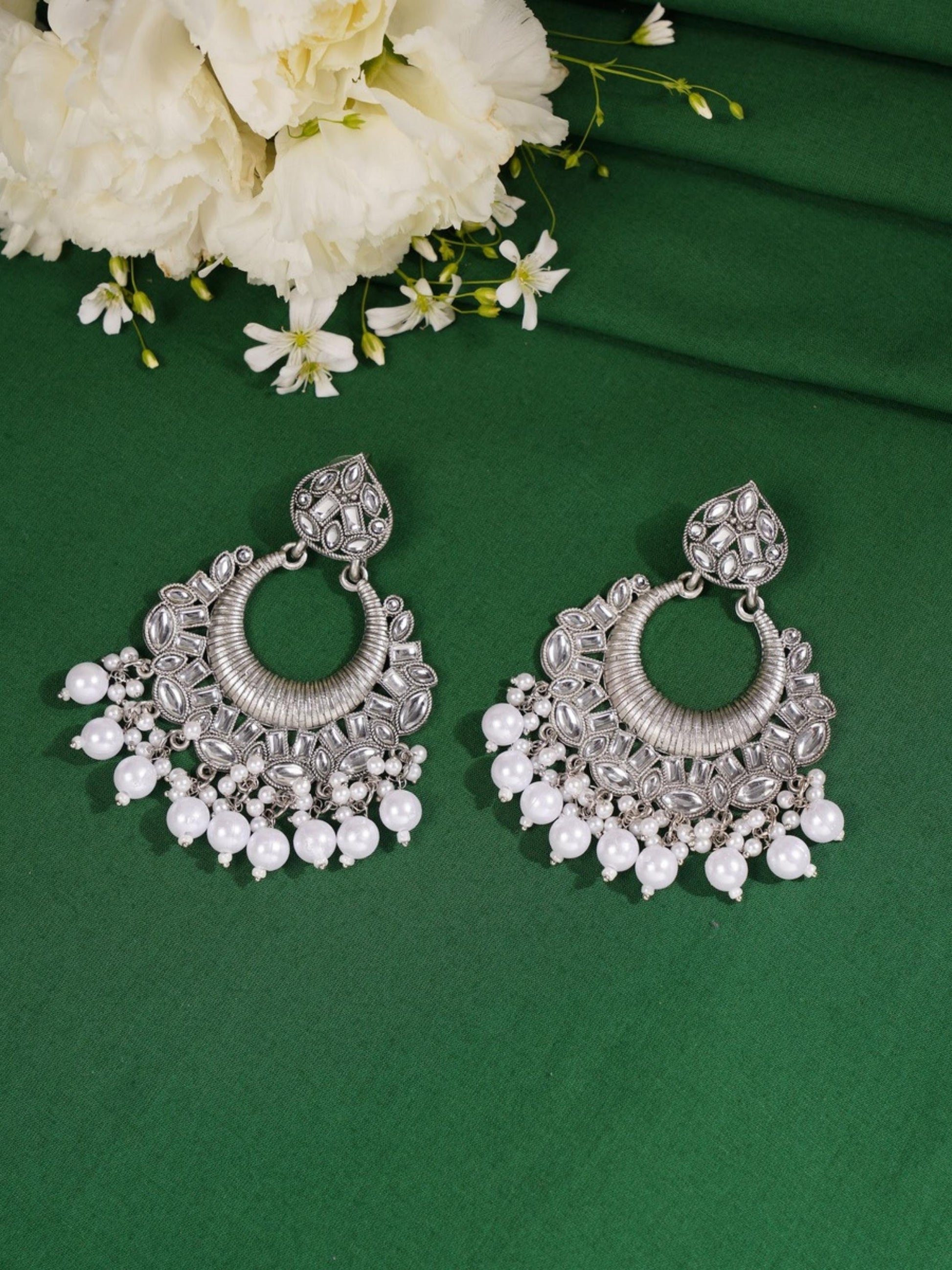 Classic German Silver Plated Chandbali Earring with intricate design and pearl detailing by Abdesignsjewellery