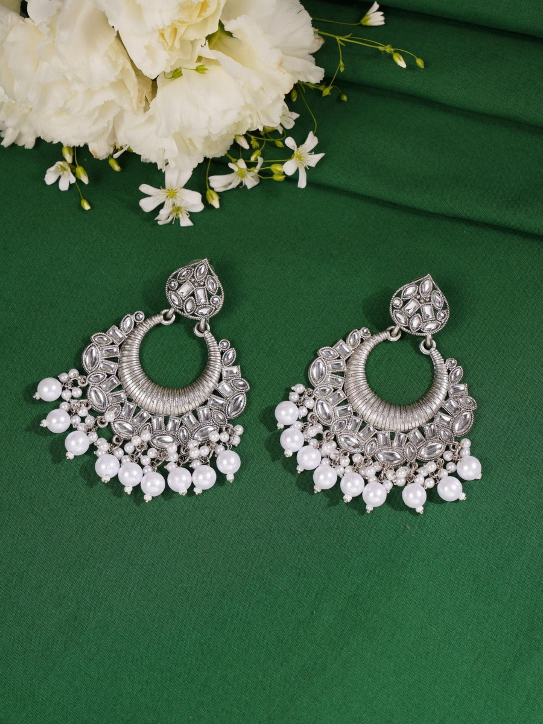 Classic German Silver Plated Chandbali Earring with intricate design and pearl detailing by Abdesignsjewellery