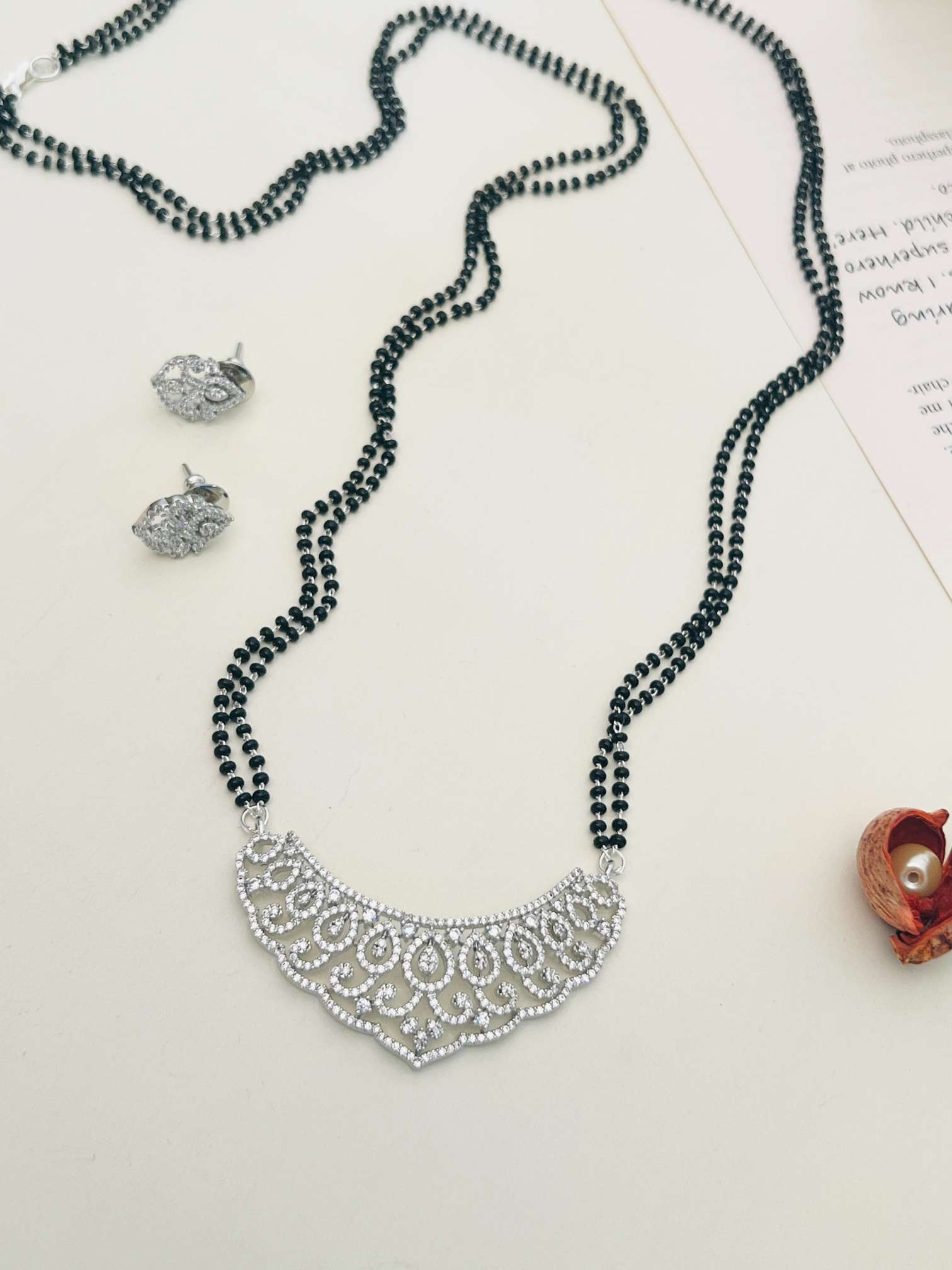 Classic Long Gold Plated American Diamond Mangalsutra Set with black bead chain and matching earrings