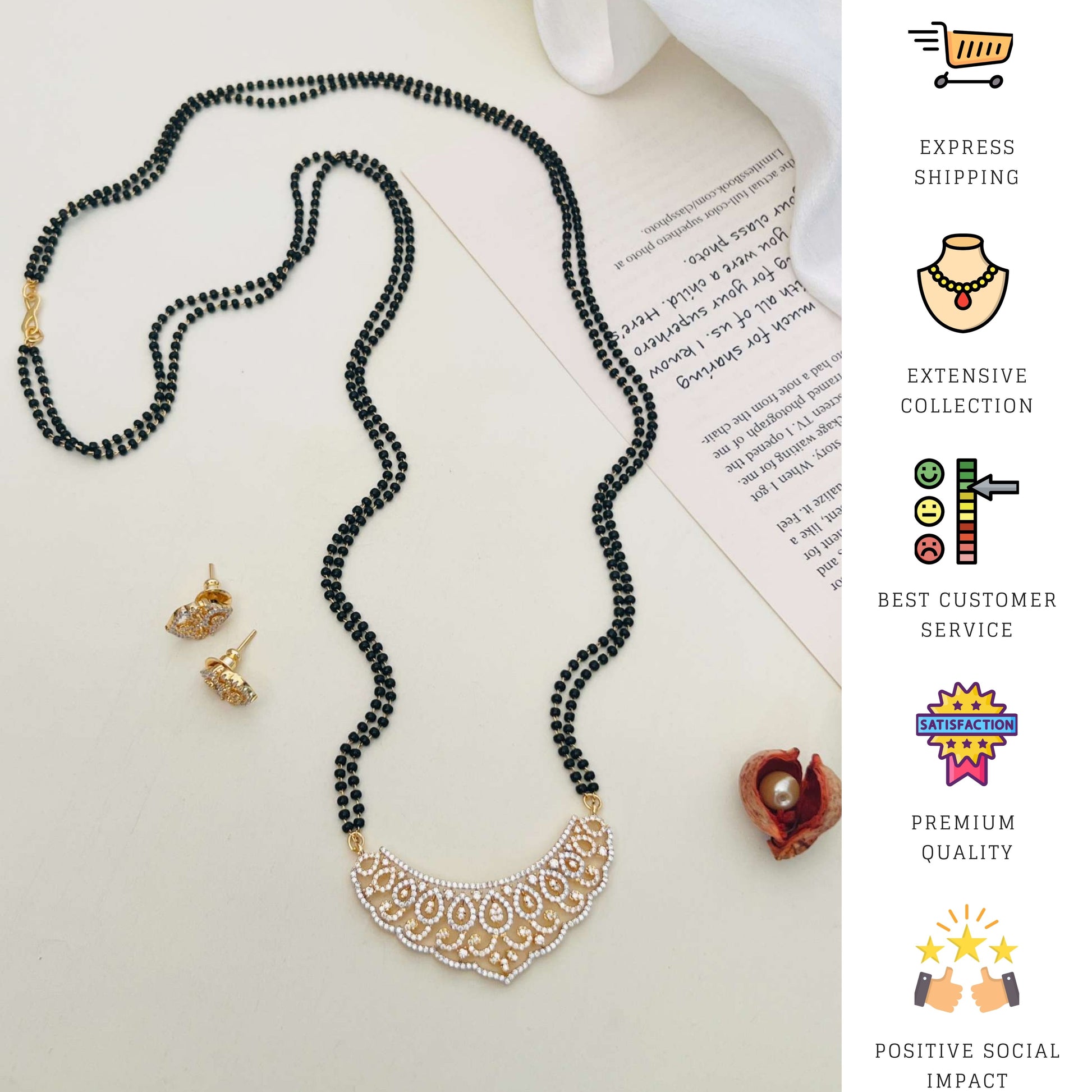 Classic Long Gold Plated American Diamond Mangalsutra Set by Abdesignsjewellery with black beads and matching earrings