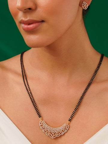 Classic Long Gold Plated American Diamond Mangalsutra Set with black beads and intricate pendant by Abdesignsjewellery