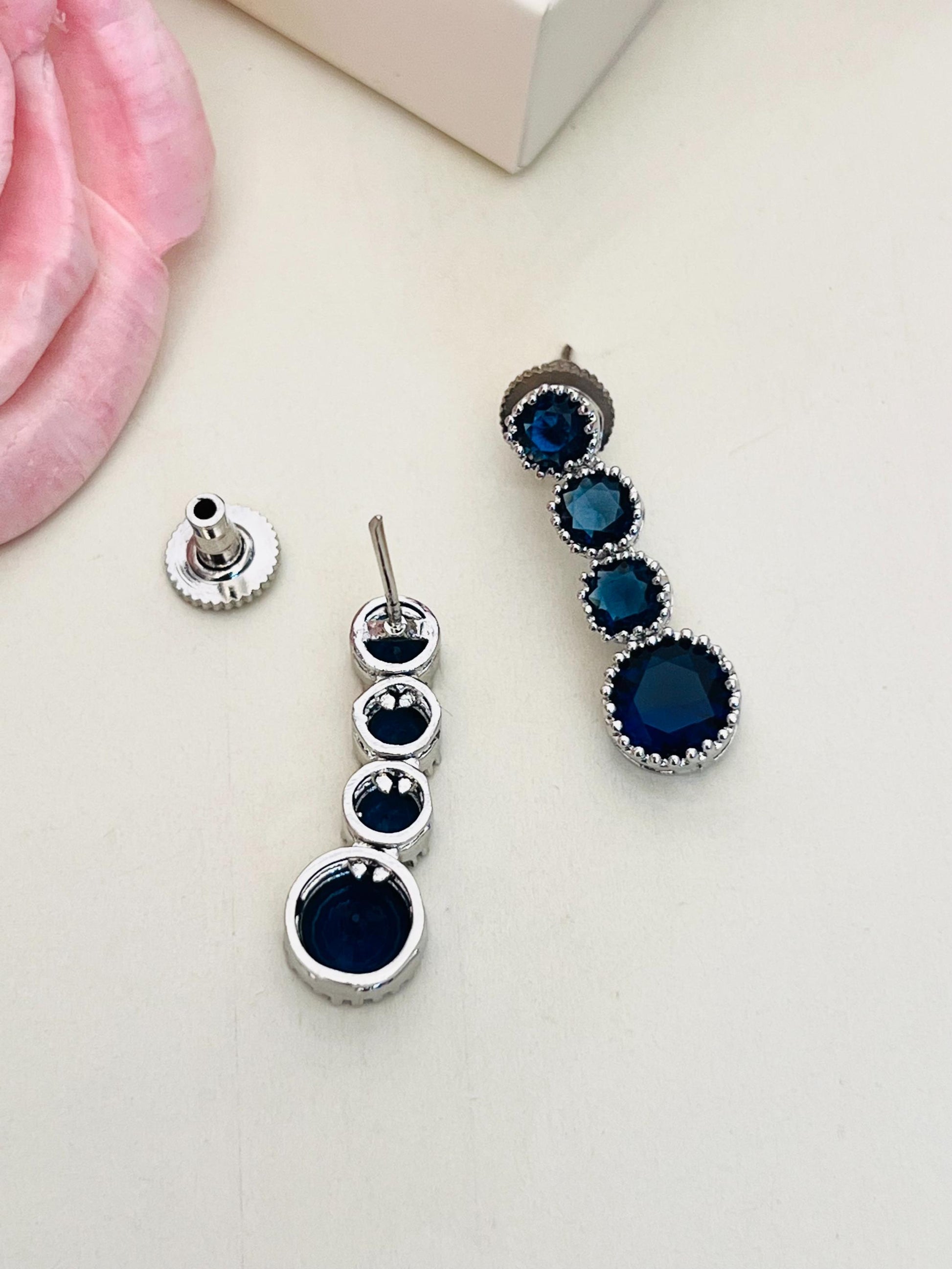 Classic Silver Plated American Diamond Necklace Set with blue gemstones and intricate silver detailing