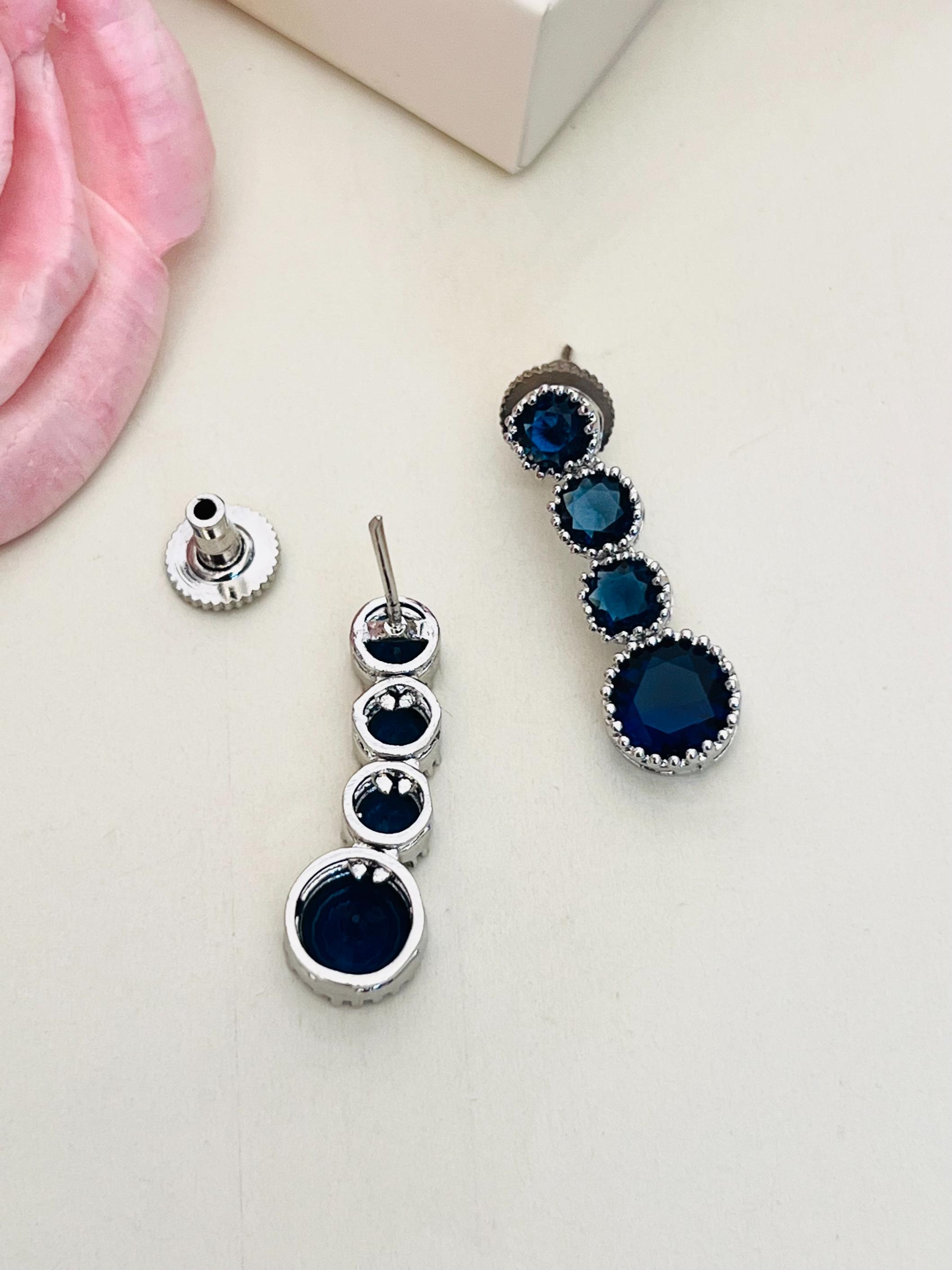 Classic Silver Plated American Diamond Necklace Set with blue gemstones and intricate silver detailing