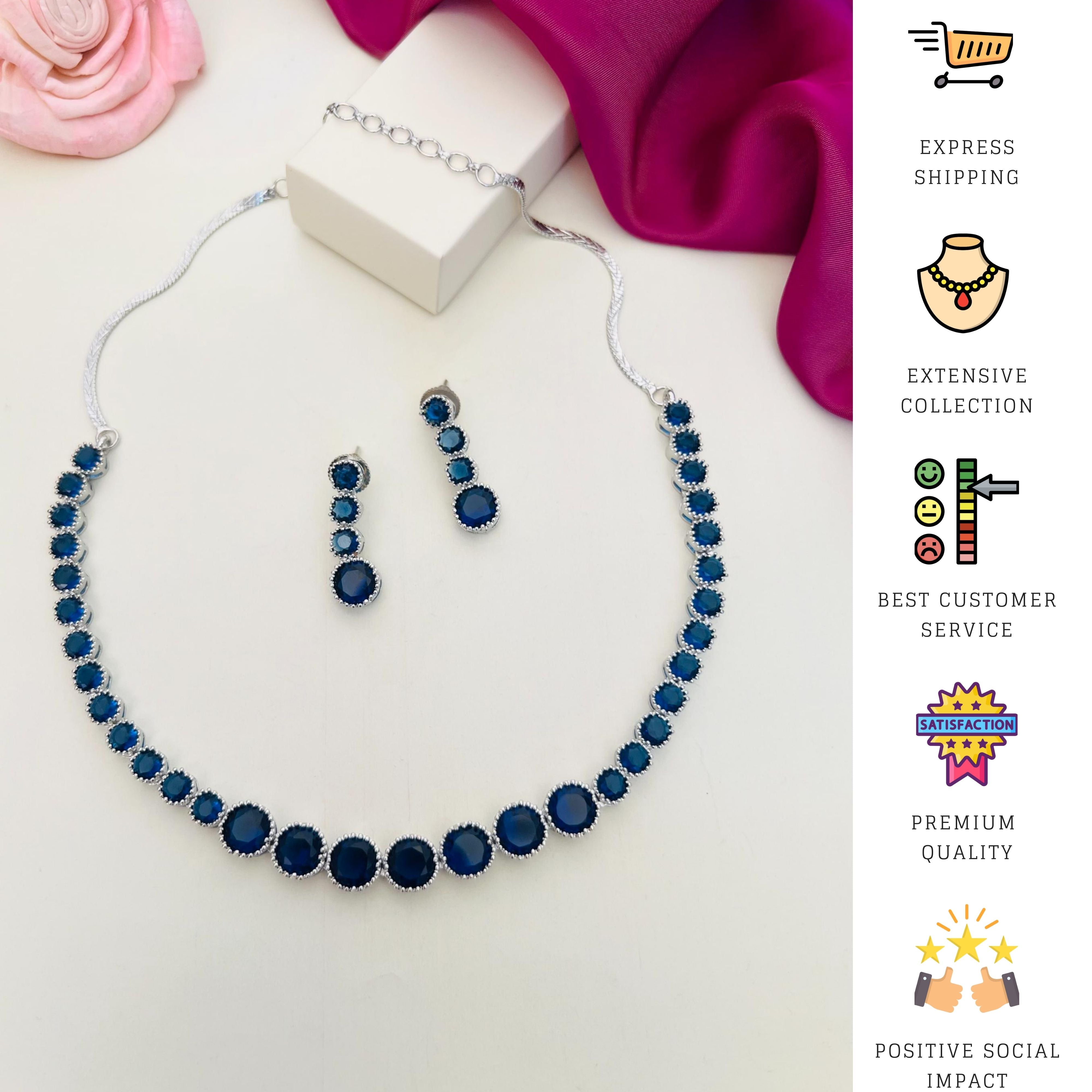 Classic Silver Plated American Diamond Necklace Set with matching blue stones and earrings by Abdesignsjewellery