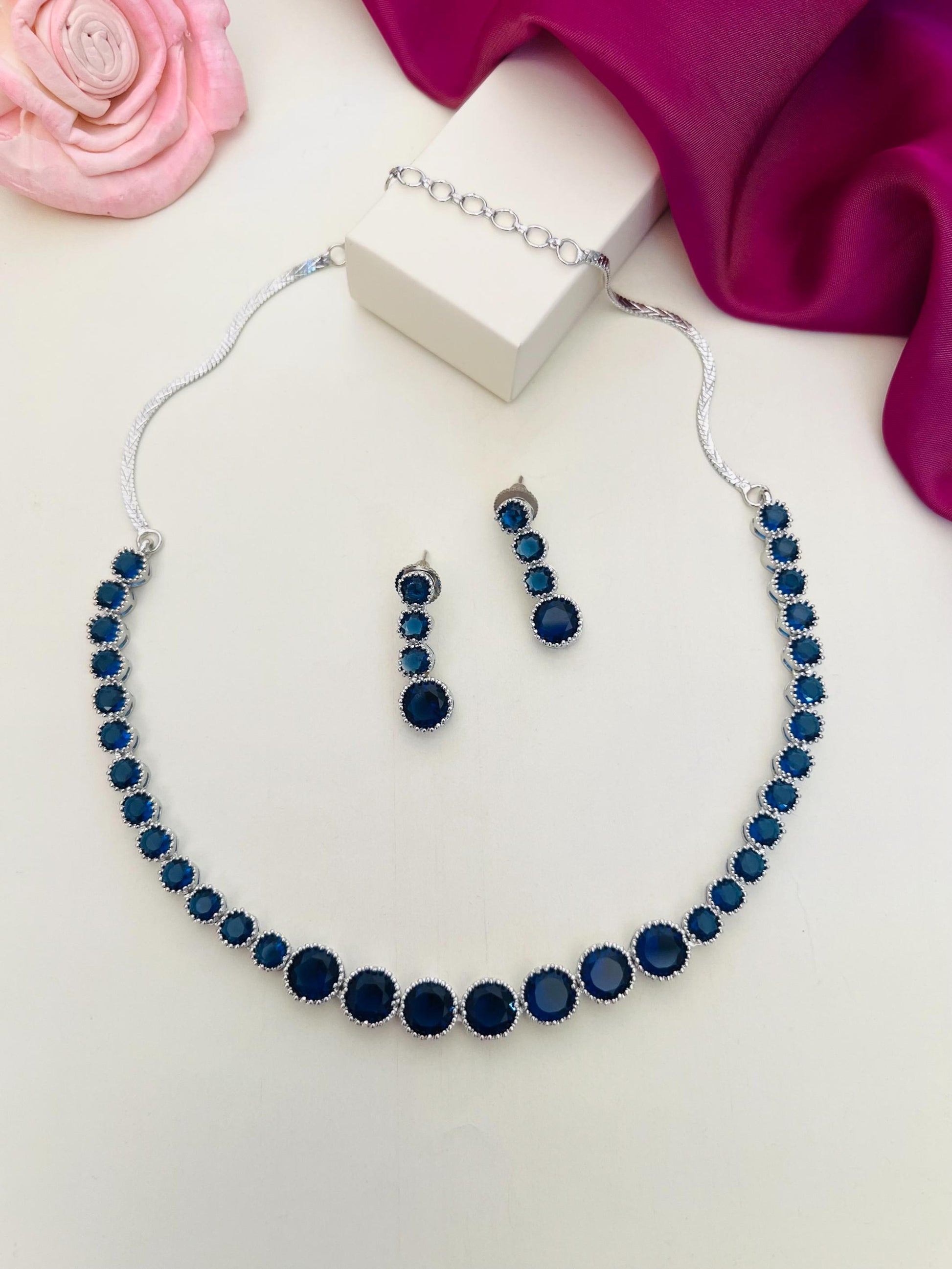 Classic Silver Plated American Diamond Necklace Set with blue stones and matching earrings by Abdesignsjewellery