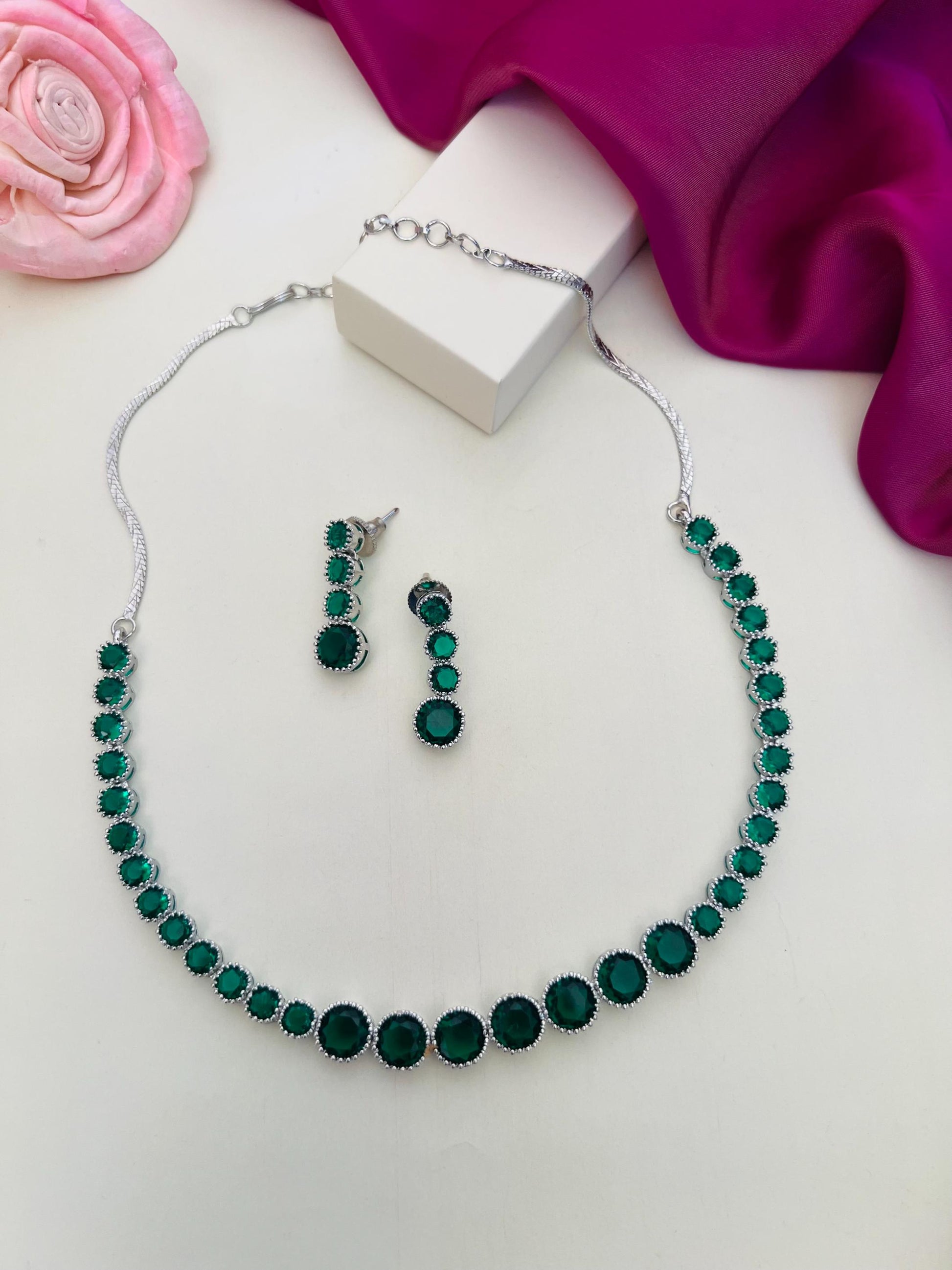 Classic Silver Plated American Diamond Necklace Set with green stones by Abdesignsjewellery