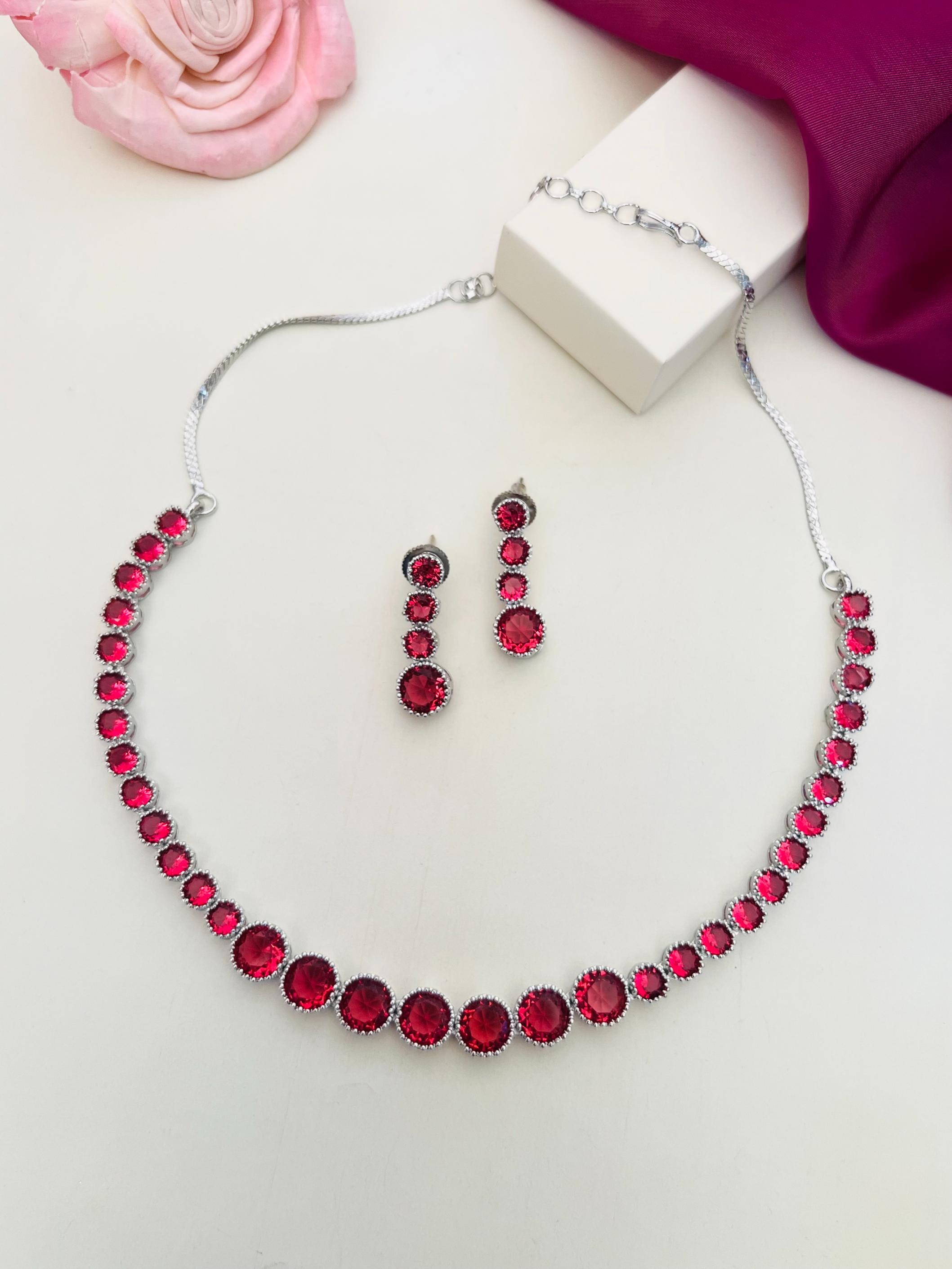 Classic Silver Plated American Diamond Necklace Set with red stones and matching earrings by Abdesignsjewellery