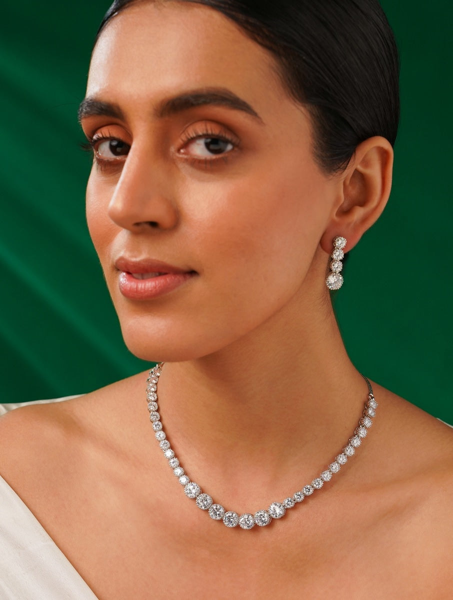 Classic Silver Plated American Diamond Necklace Set worn by a model with matching earrings