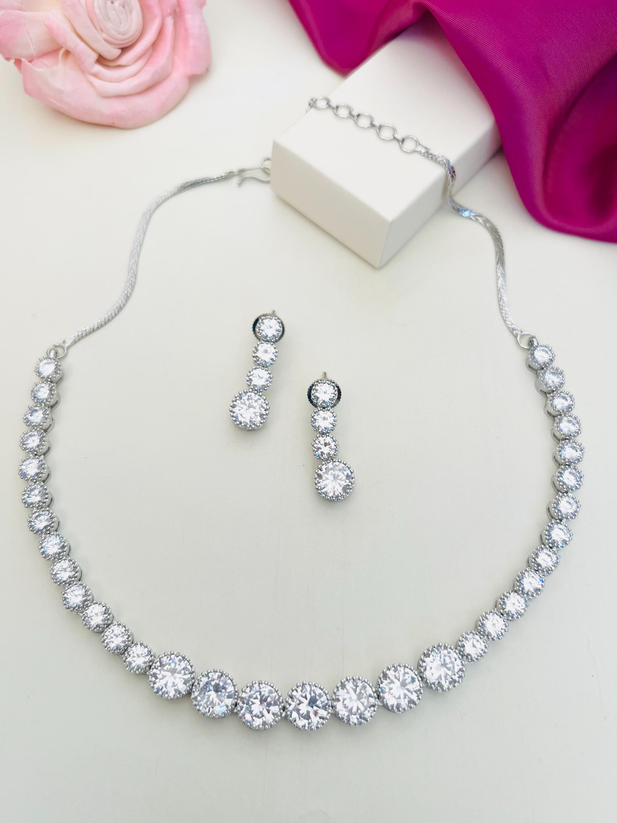 Classic Silver Plated American Diamond Necklace Set by Abdesignsjewellery with sparkling round stones and matching earrings