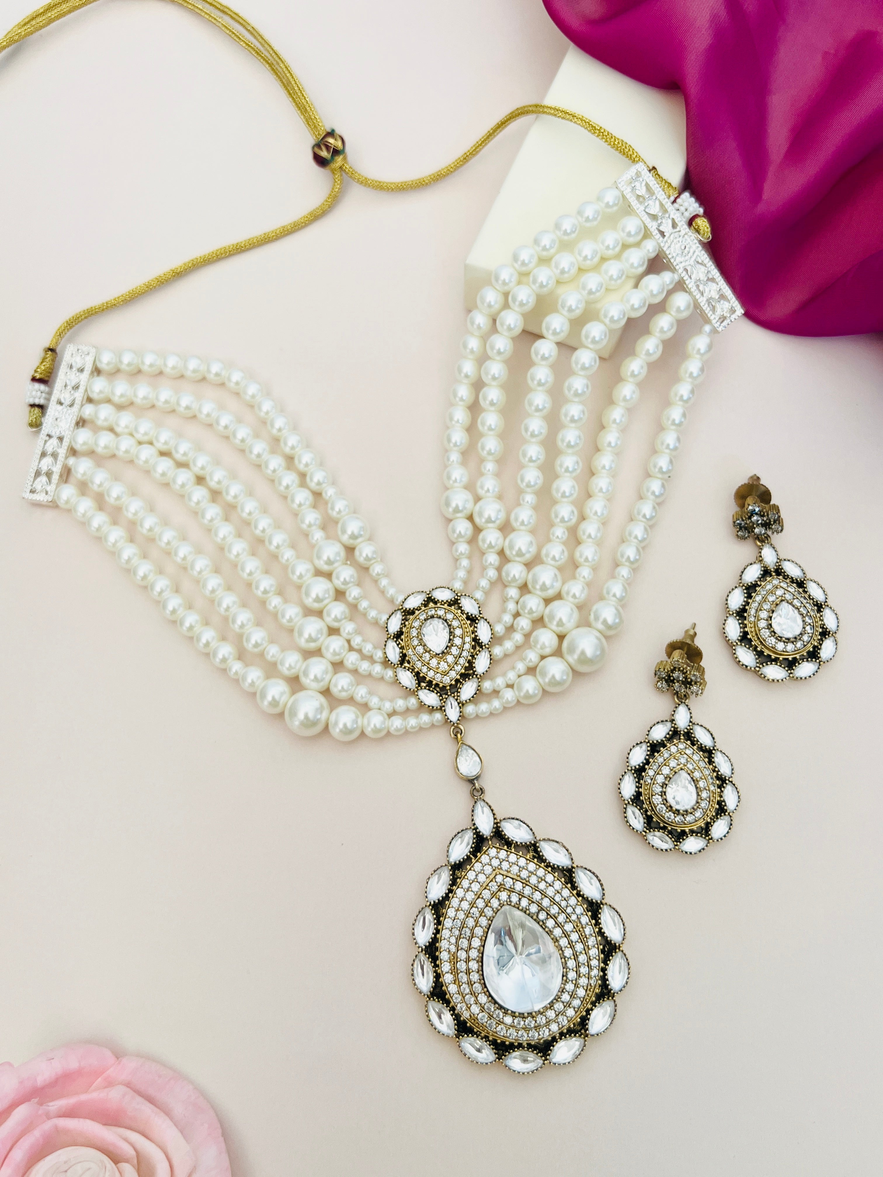 Classic Style Polki Pearl Necklace Set with multi-strand pearls and matching earrings by Abdesignsjewellery