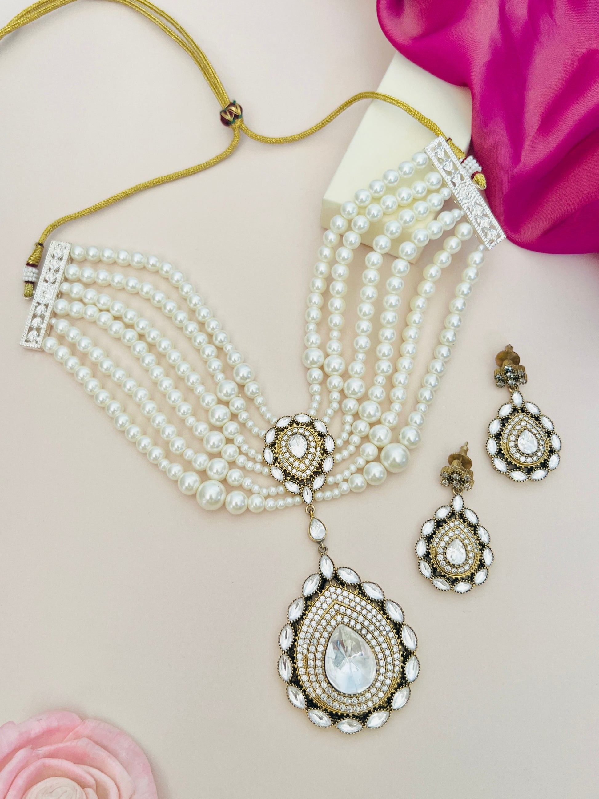 Abdesignsjewellery Classic Style Polki Pearl Necklace Set featuring multi-strand pearls and intricate pendant design