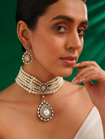 Classic Style Polki Pearl Necklace Set with multi-layered pearls and matching earrings by Abdesignsjewellery