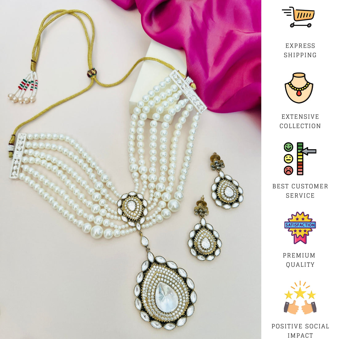 Classic Style Polki Pearl Necklace Set with multi-layered pearls and matching earrings by Abdesignsjewellery