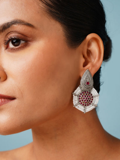 Abdesignsjewellery German Silver Pearl Earrings with Red Stones