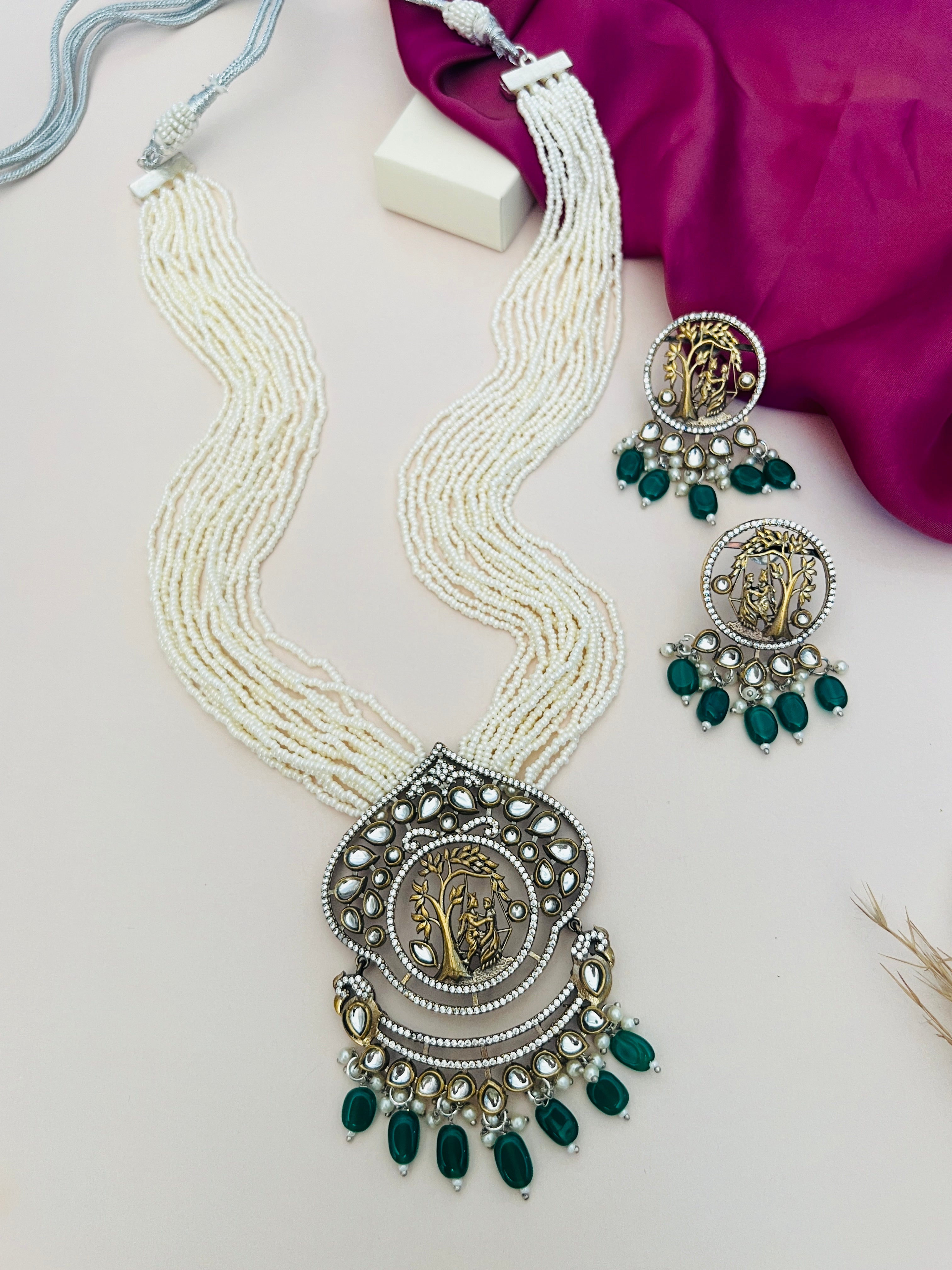 Touch Silver Plated Beaded Mala Necklace with intricate pendant and matching earrings by Abdesignsjewellery