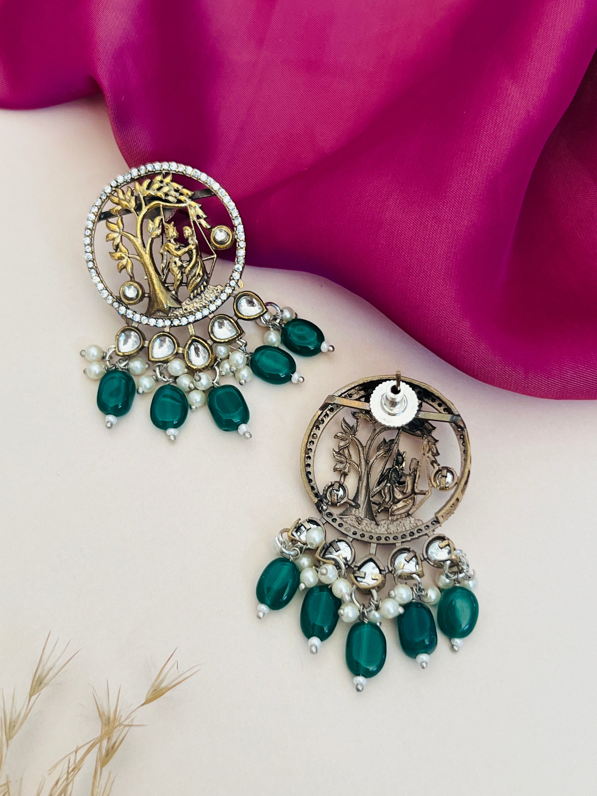 Divine Touch Silver Plated Beaded Mala Necklace with green beads and intricate circular pendant design