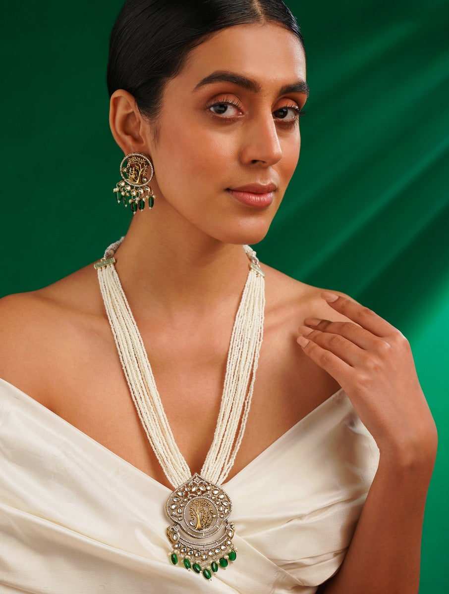 Divine Touch Silver Plated Beaded Mala Necklace by Abdesignsjewellery worn with elegant green and gold earrings