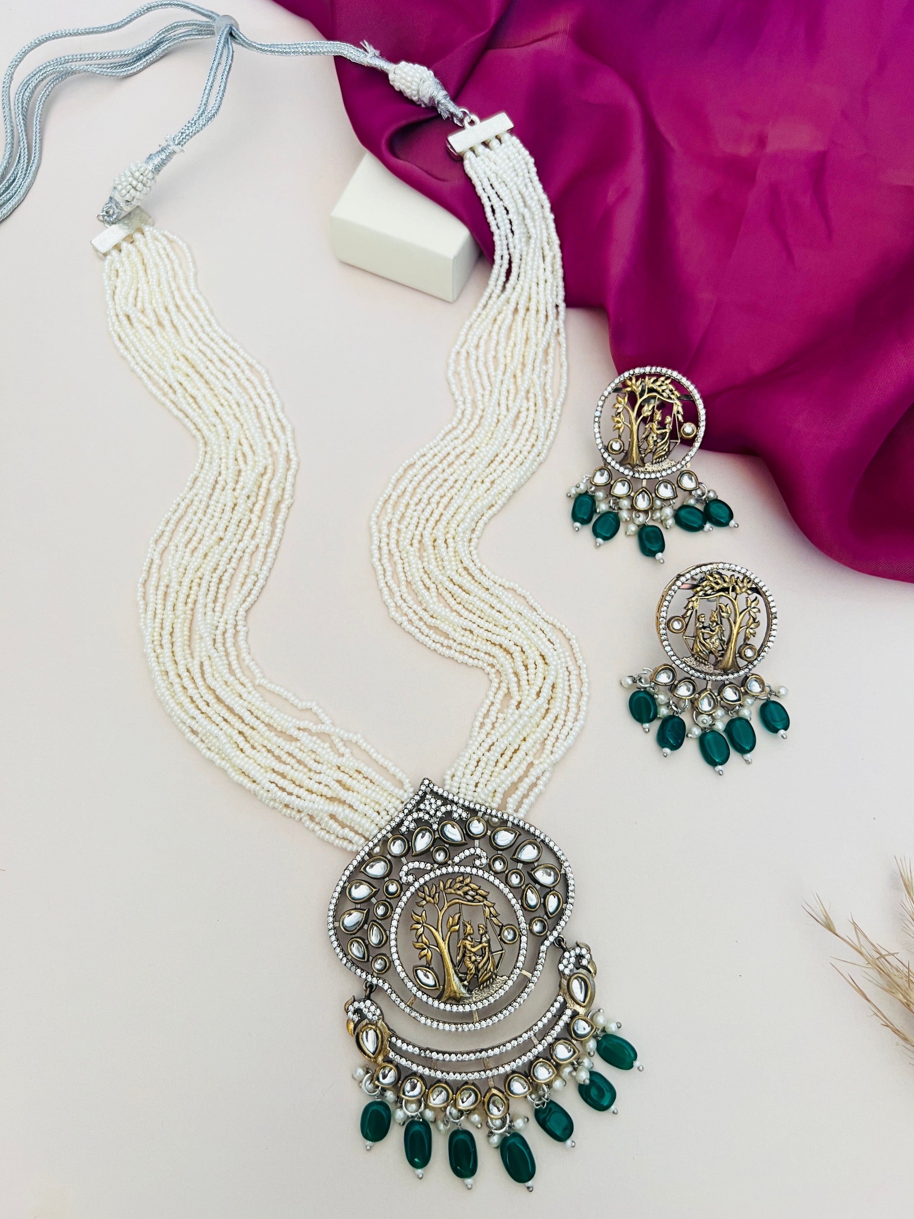 Divine Touch Silver Plated Beaded Mala Necklace with matching earrings featuring green and white beads