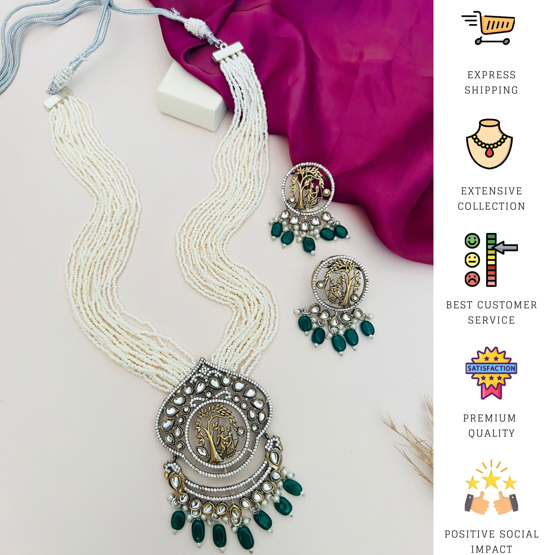 Divine Touch Silver Plated Beaded Mala Necklace with intricate pendant and matching earrings by Abdesignsjewellery