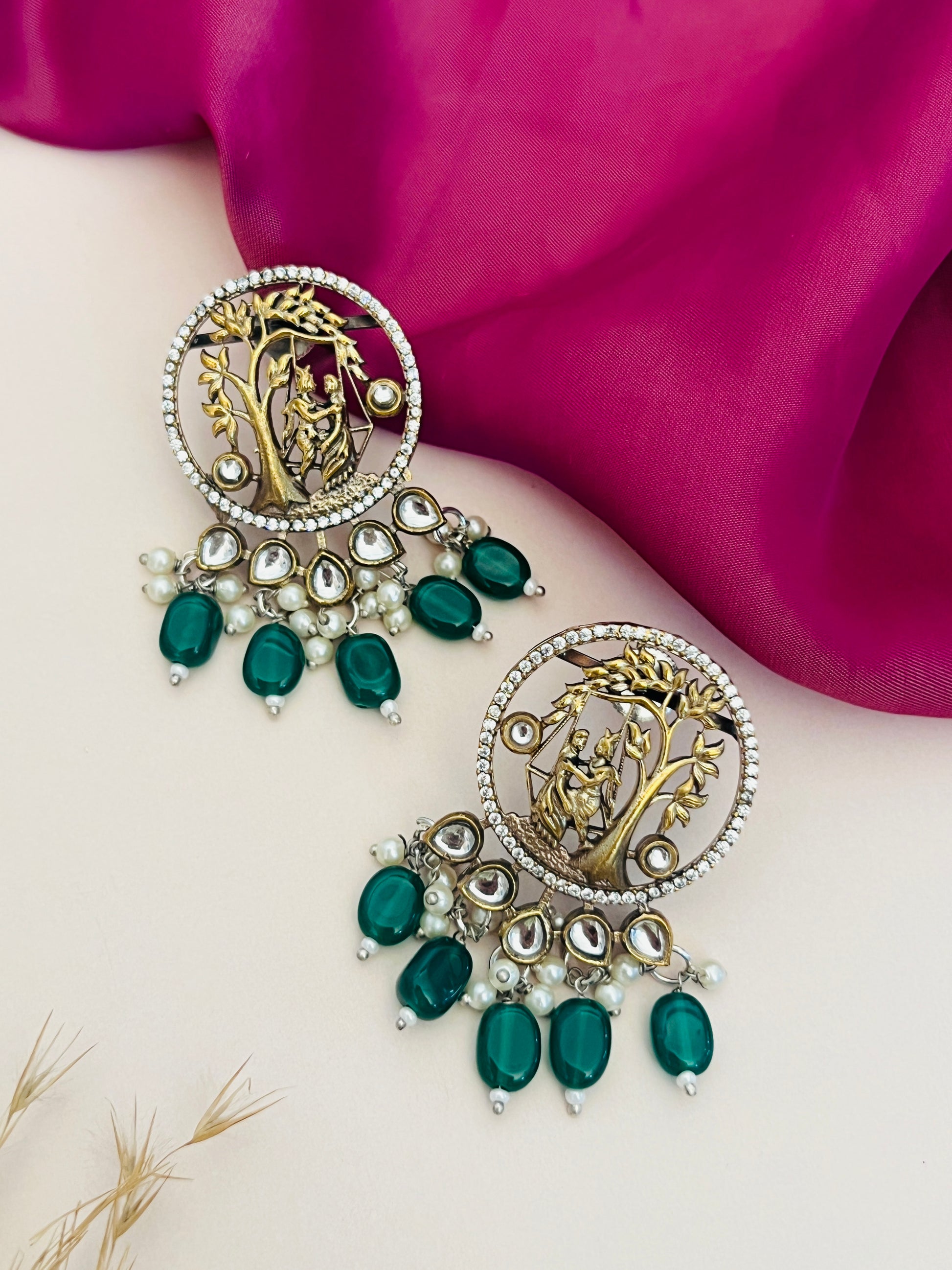 Abdesignsjewellery Divine Touch Silver Plated Beaded Mala Necklace with green and white beads on a cream background