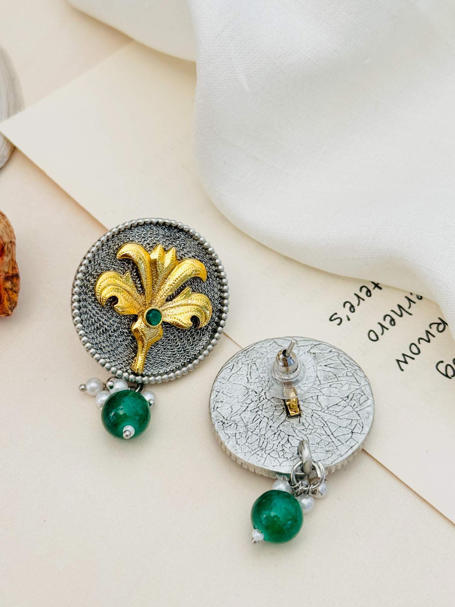 Abdesignsjewellery Dual Plating Oxidised Round Stud Earring with gold floral design and green bead detail