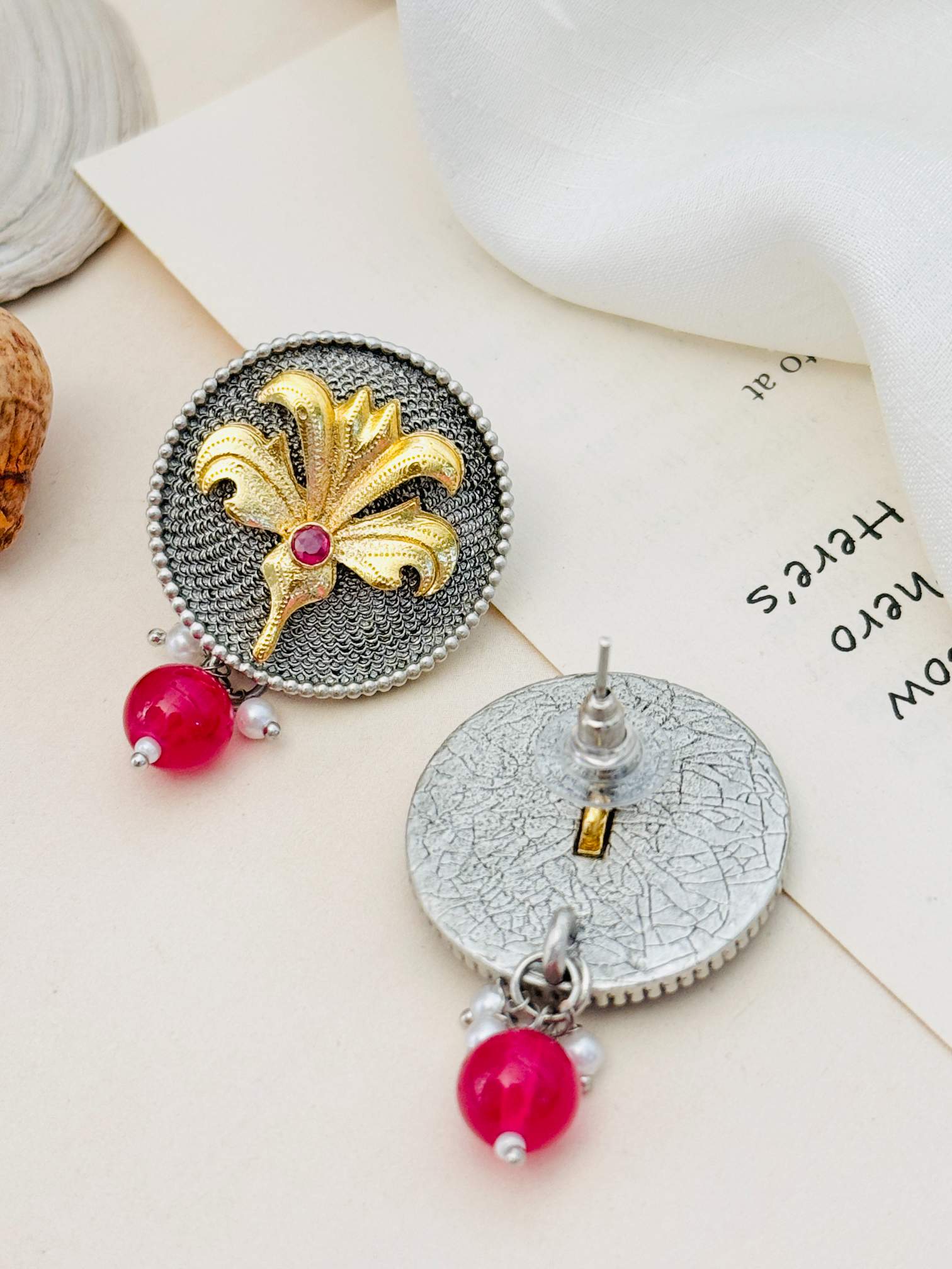 Abdesignsjewellery Dual Plating Oxidised Round Stud Earring with gold floral design and red bead accents