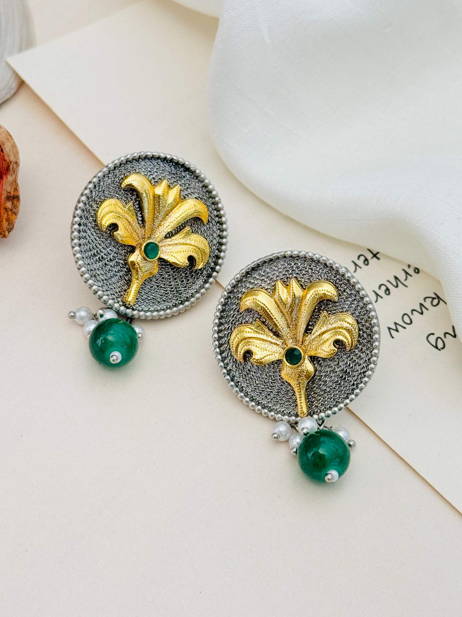 Abdesignsjewellery Dual Plating Oxidised Round Stud Earring with gold floral design and green bead