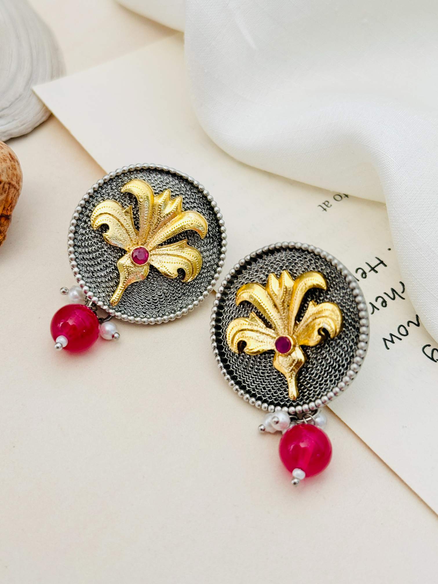 Abdesignsjewellery Dual Plating Oxidised Round Stud Earring with gold floral design and red bead