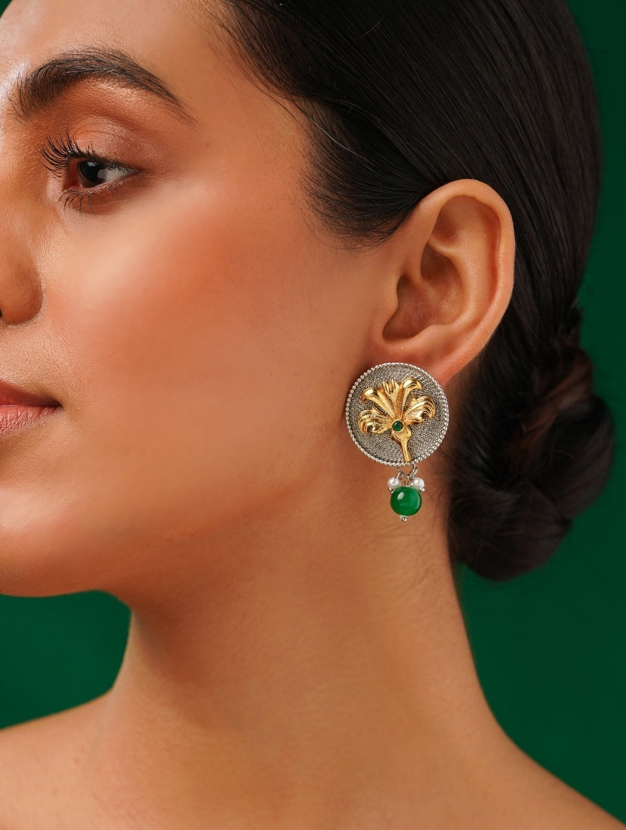 Abdesignsjewellery Dual Plating Oxidised Round Stud Earring with gold floral design and green bead drop