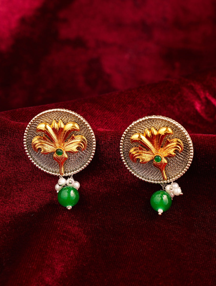 Abdesignsjewellery Dual Plating Oxidised Round Stud Earring with gold floral design and green bead details