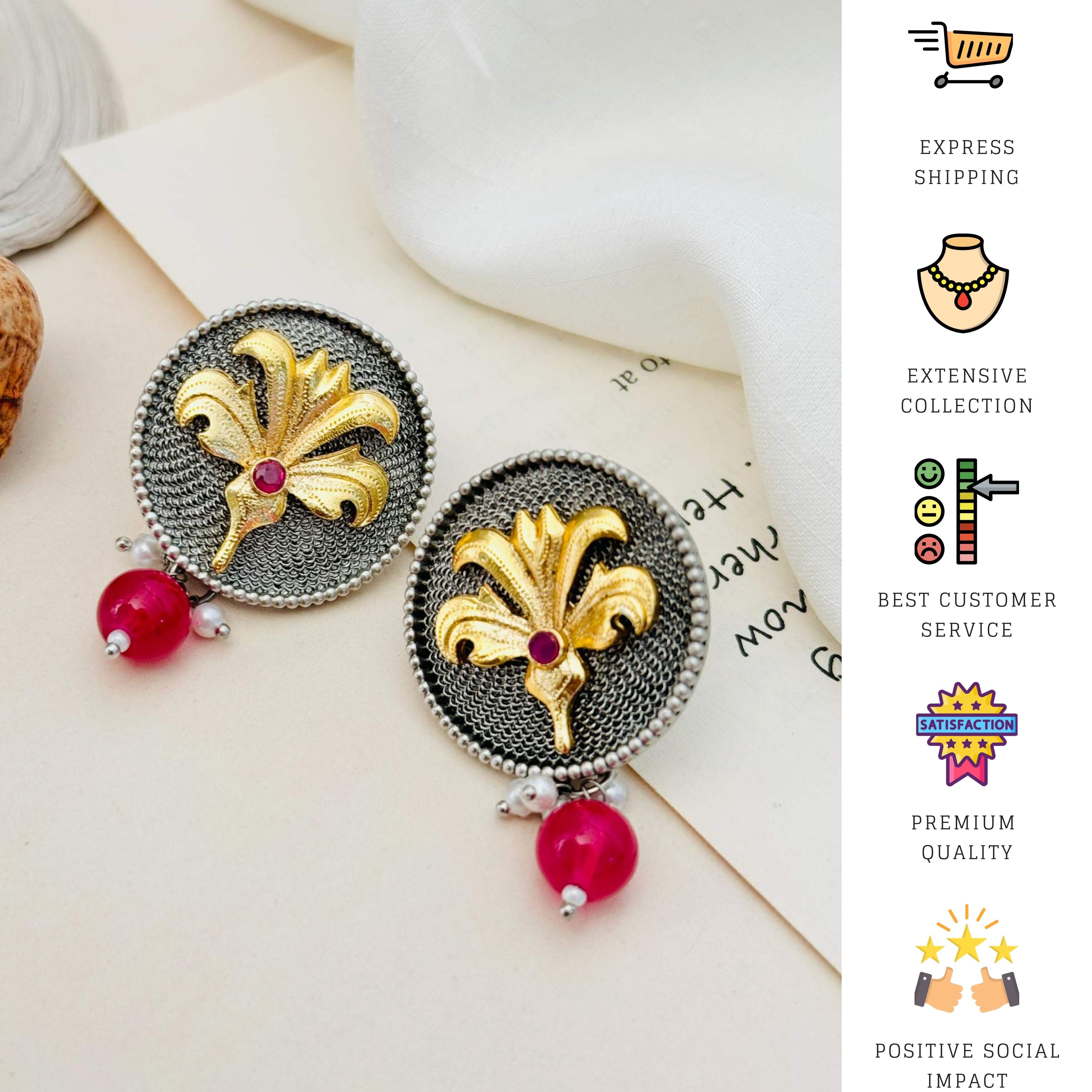 Abdesignsjewellery Dual Plating Oxidised Round Stud Earring with gold floral design and red bead drop