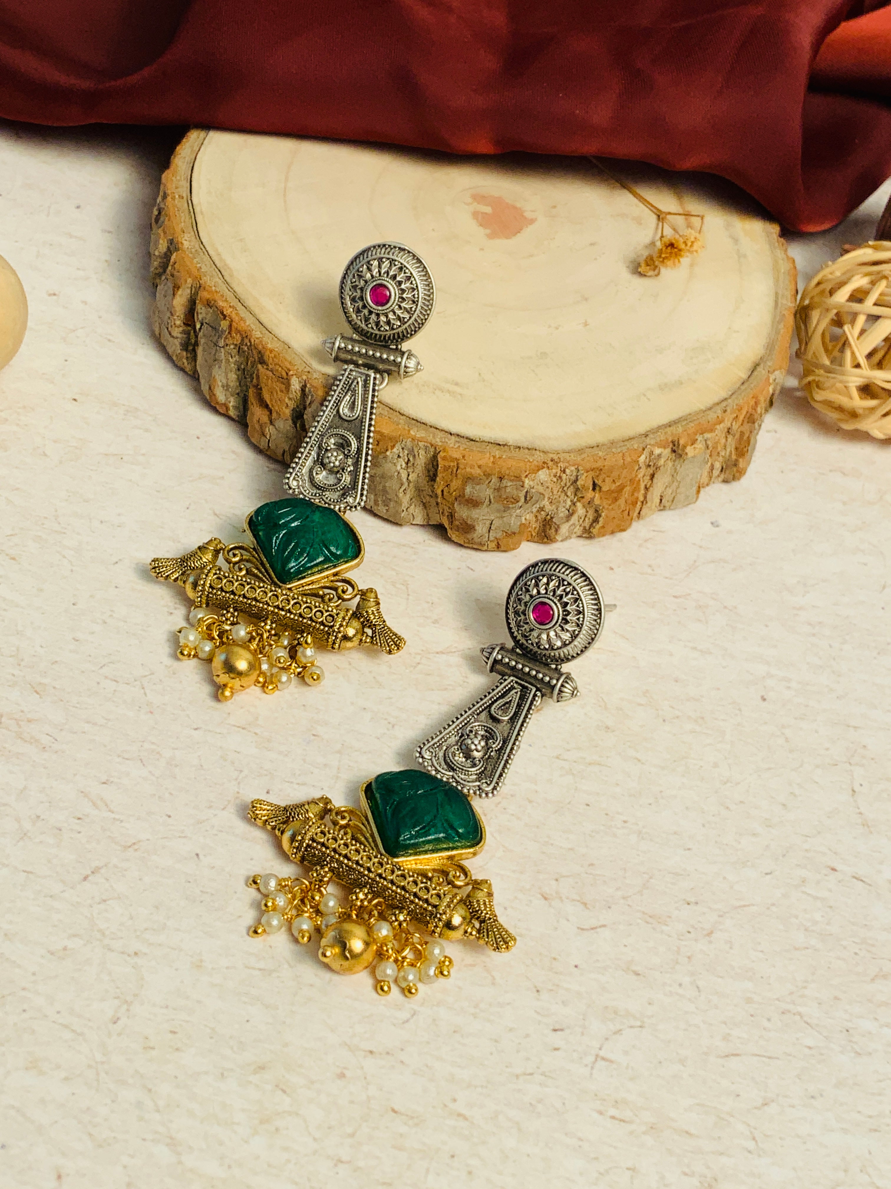 Abdesignsjewellery Dual Tone Bird Stone Earrings with green stone and gold bead detailing