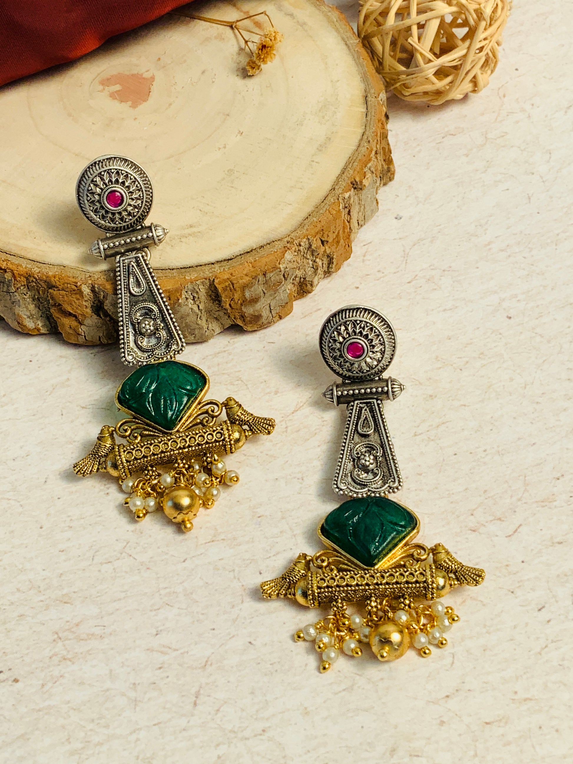 Abdesignsjewellery Dual Tone Bird Stone Earrings with silver and gold tones and green stone accents
