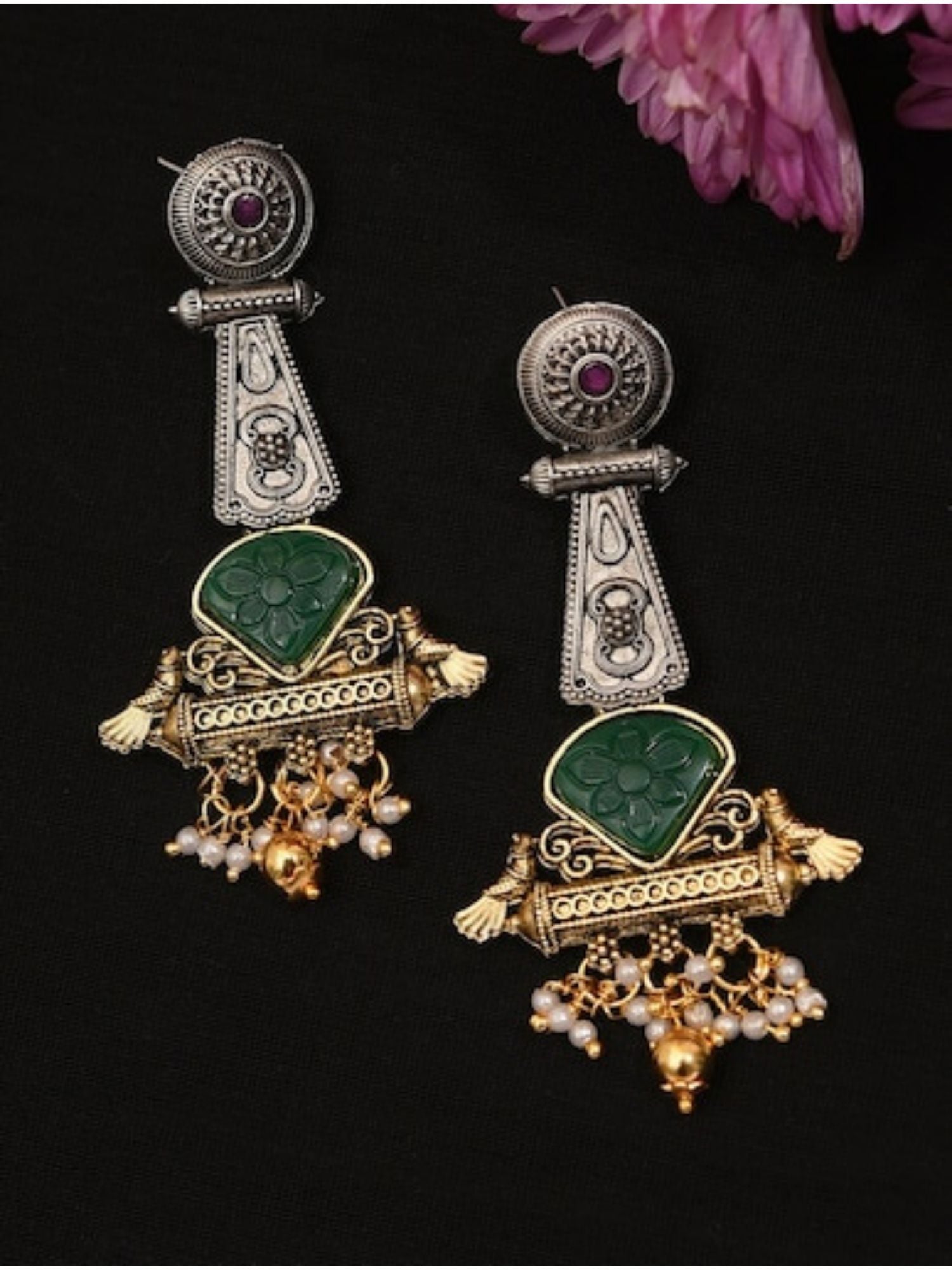 Abdesignsjewellery Dual Tone Bird Stone Earrings with green stones and intricate gold and silver detailing