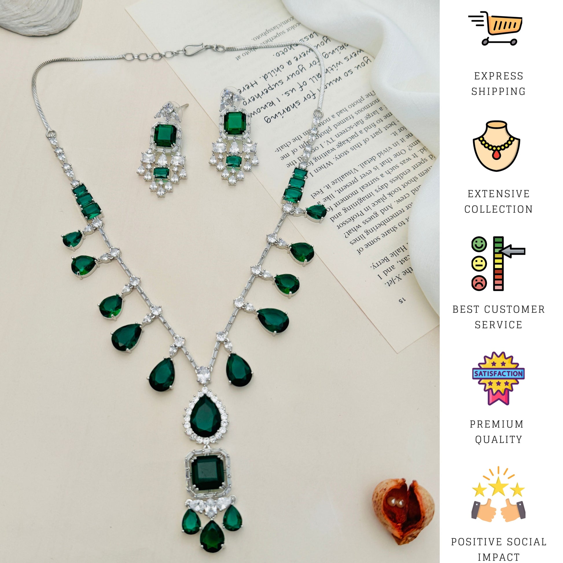 Emerald American Diamond Necklace Set with green teardrop and square stones by Abdesigns