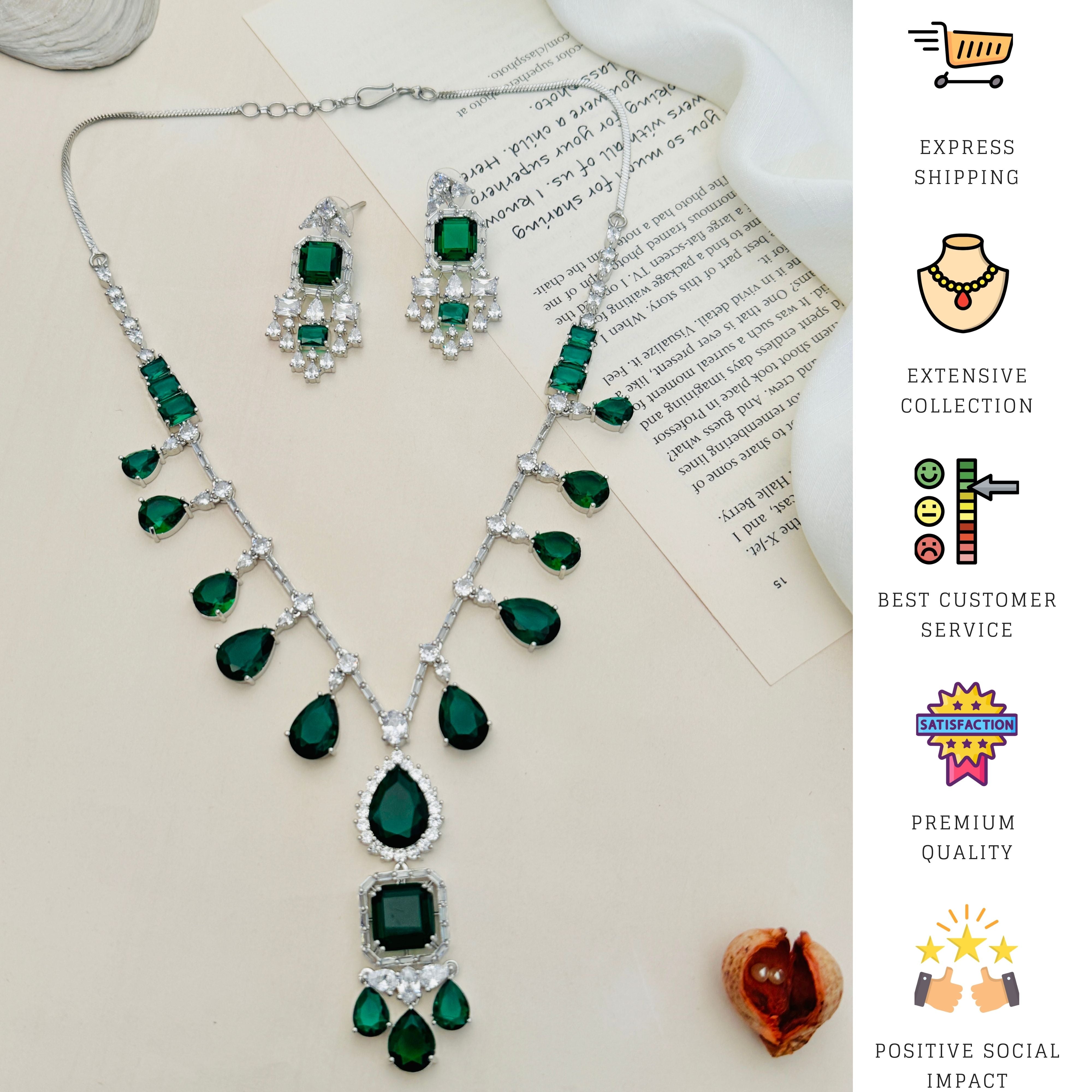 Emerald American Diamond Necklace Set with green teardrop and square stones by Abdesigns