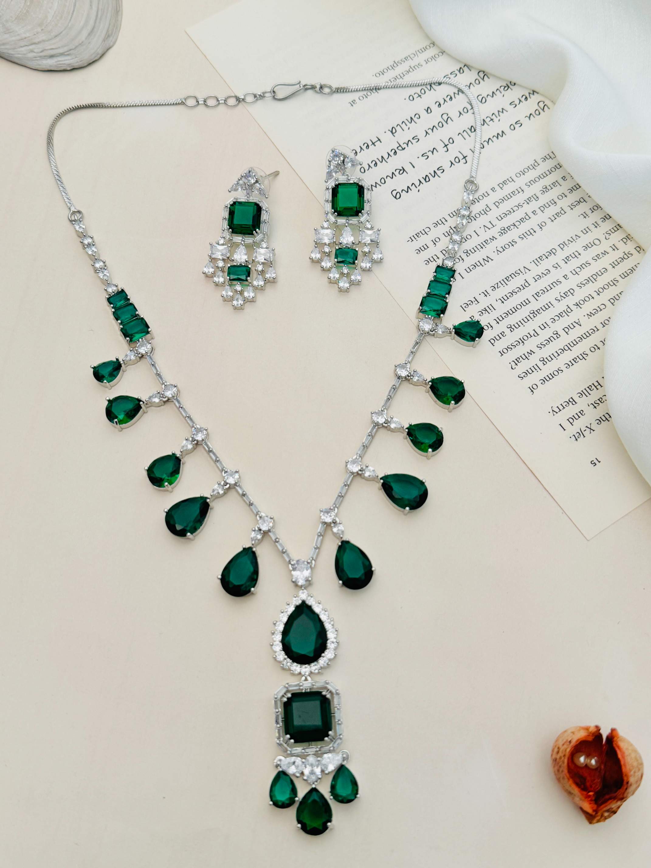 Emerald American Diamond Necklace Set with green teardrop and square stones by Abdesignsjewellery